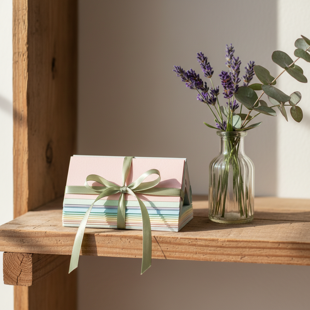 A stack of textured, pastel-hued notecards tied together with a delicate, sage-green satin ribbon sits centered on a reclaimed pine shelf. Next to it, a small glass vase holds sprigs of fresh lavender and eucalyptus, adding lush natural color and detail. Gentle mid-morning sunlight creates soft shadows and a sense of freshness around the arrangement. Composed from a close-up, shallow depth of field perspective, the background is tastefully blurred, emphasizing the cards and florals. The mood is hopeful and uplifting, with a clean, organic, and serene modern aesthetic, perfectly echoing the client-centered, strengths-based approach of Christian counseling.