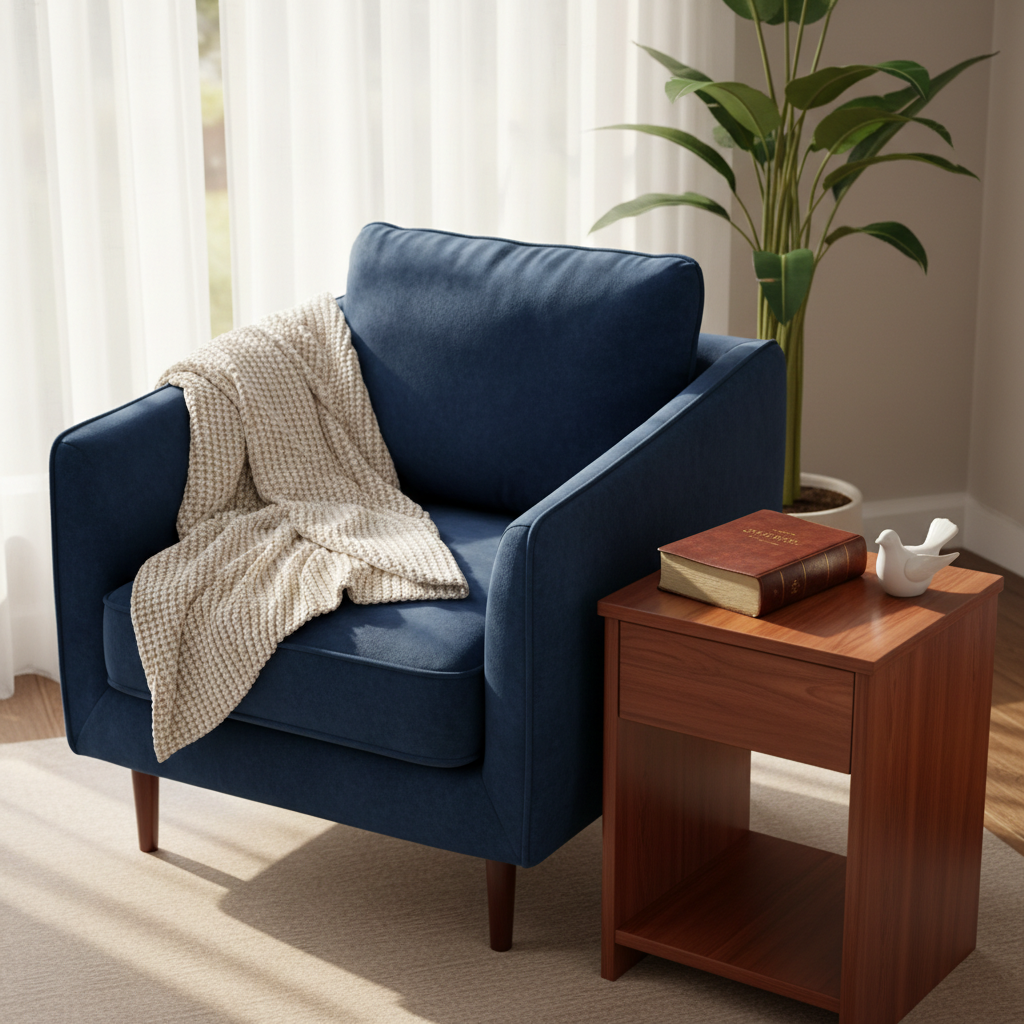 A serene living room corner featuring a plush, deep-blue velvet armchair accented with a handwoven cream throw blanket and a polished cherrywood side table. Upon the table sits an embossed leather-bound Bible, its gold-edged pages slightly fanned and a single ceramic dove figurine nearby. The setting is softly bathed in the golden hour light streaming through sheer white curtains, casting gentle shadows and warm highlights. Shot at a slightly elevated angle to emphasize the enveloping comfort and intimate atmosphere. The composition leverages asymmetrical balance for a welcoming, peaceful, and secure feeling. The visual style is clean, modern, and subtly minimalist, aligning with the site’s focus on strength and encouragement in a therapeutic setting.